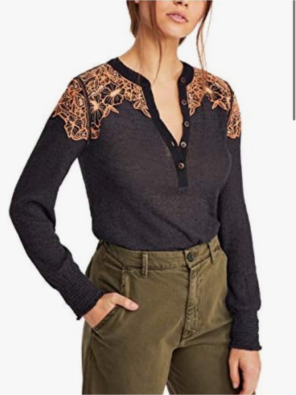 Free People Easy Breezy Floral Appliqué Henley Top Black Orange Lace Size L